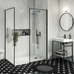 Arezzo 1400 x 900 Walk In Enclosure (incl. 800 Matt Black Framed Screen, Side Panel + White Tray)