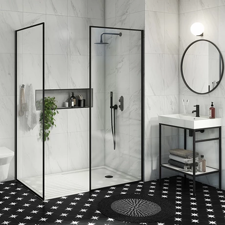 Arezzo 1400 x 900 Walk In Enclosure (incl. 800 Matt Black Framed Screen, Side Panel + White Tray) 3 Arezzo 1400 x 900 Walk In Enclosure (incl. 800 Matt Black Framed Screen, Side Panel + White Tray)