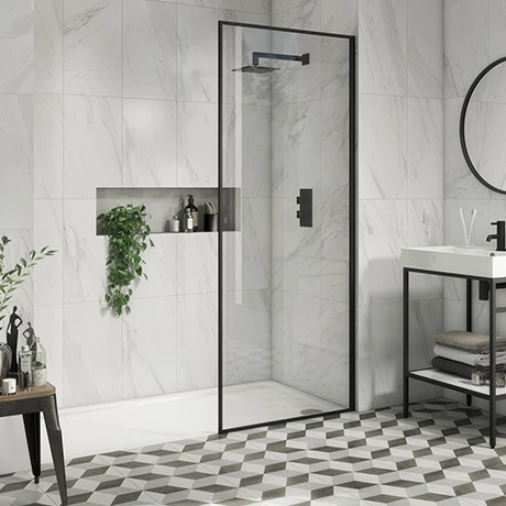Arezzo 800 x 1950 Square Matt Black Framed 8mm Wetroom Screen 3 Arezzo 800 x 1950 Square Matt Black Framed 8mm Wetroom Screen