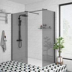 Arezzo Matt Black 1700 x 800 Grey Tinted Glass Wet Room (inc. Screen, Side Panel + Tray)