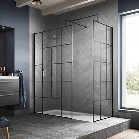 Venice 1600 x 800 Matt Black Abstract Grid Wet Room (incl. Screen, Side Panel + Tray) 3 Venice 1600 x 800 Matt Black Abstract Grid Wet Room (incl. Screen, Side Panel + Tray)