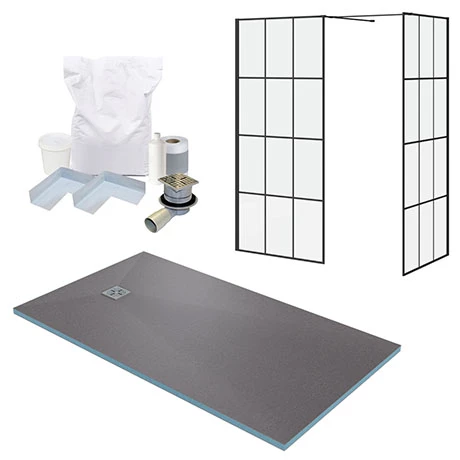 Arezzo 1600 x 900 Wetroom Enclosure Pack - Matt Black Grid 3 Arezzo 1600 x 900 Wetroom Enclosure Pack - Matt Black Grid